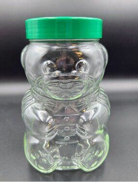 Vintage Kraft Peanut Butter Jar Glass Green Plastic Lid Piggy Bank 6" Clear Read
